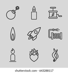 Fire icons set. set of 9 fire outline icons such as candle, explosion, water hose, heart in fire, smoke, flame, rocket