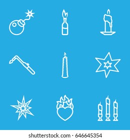 Fire icons set. set of 9 fire outline icons such as explosion, blowtorch, heart in fire, bomb, candle, dynamite