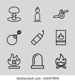 Fire icons set. set of 9 fire outline icons such as candle, explosion, no fire, firework, siren