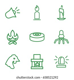 Fire icons set. set of 9 fire outline icons such as chicken, candle, siren, smoke bomb, rocket, fireplace