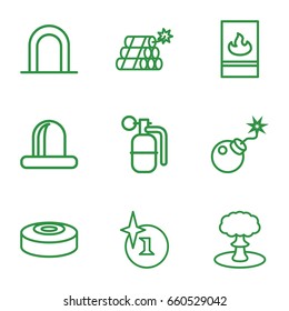 Fire icons set. set of 9 fire outline icons such as siren, explosion, bomb, fire protection, dynamite