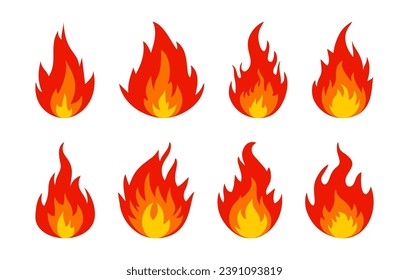 Fire icons. Set of bright burning flame and bonfire icons. Burn sign collection. Vector illustration