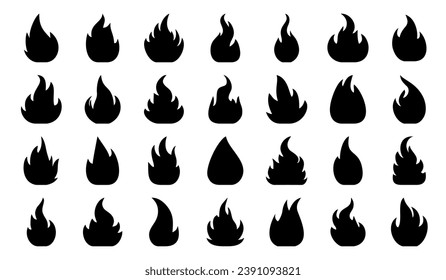 Feuersymbole. Set von hellen brennenden Flammen und Feuer-Symbolen. Zeichensammlung brennen Vektorgrafik