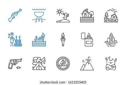 fire icons set. Collection of fire with bonfire, eruption, tent, gun, flood, lighter, torch, churrasco, earthquake, drought, grill, rifle. Editable and scalable fire icons.