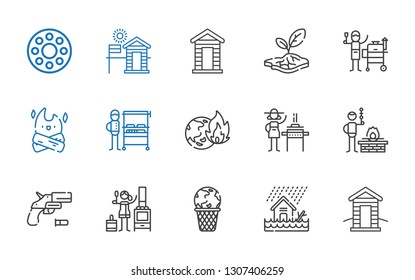 fire icons set. Collection of fire with cabin, flood, global warming, stove, gun, bbq, burner, burning grill, bonfire, grill, drought, rolling wheel. Editable and scalable fire icons.