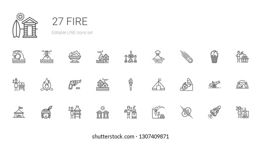 fire icons set. Collection of fire with collision, landslide, stove, cabins, brick grill, native american, circus, tent, torch, flood, gun, bonfire. Editable and scalable fire icons.