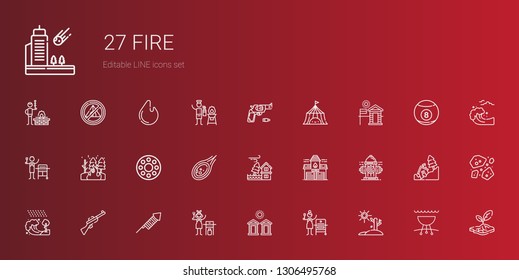 fire icons set. Collection of fire with drought, grill, cabins, gas, fireworks, rifle, tsunami, hydrant, fire station, flood, meteorite, rolling wheel. Editable and scalable icons.