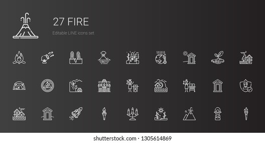 fire icons set. Collection of fire with eruption, drought, candelabra, torch, space shuttle, cabin, flood, grill, tsunami, gas, fire station. Editable and scalable icons.