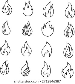 Iconos del fuego fijan la colección con los símbolos de la llama en gradiente, estilo negro de la línea, grupo ardiente de la ilustración de la energía del fuego para el diseño de la interfaz de usuario del peligro de la advertencia de la seguridad y los gráficos de la emergencia