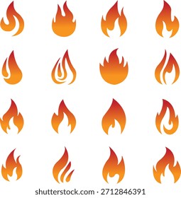 Iconos del fuego fijan la colección con los símbolos de la llama en gradiente, plano, estilo, grupo ardiente de la ilustración de la energía del fuego para el diseño de la interfaz de usuario del peligro de la advertencia de la seguridad y los gráficos de la emergencia