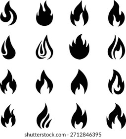 Iconos del fuego fijan la colección con los símbolos de la llama en gradiente, plano negro, estilo, grupo ardiente de la ilustración de la energía del fuego para el diseño de la interfaz de usuario del peligro de la advertencia de la seguridad y los gráficos de la emergencia