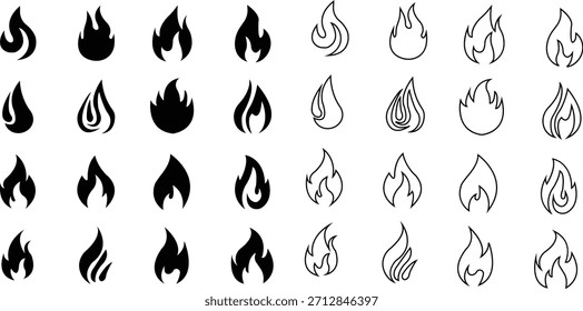 Los iconos del fuego fijan la colección con los símbolos de la llama en estilo del gradiente, del plano negro, y de la línea, quemando el grupo de la ilustración de la energía de la llamarada del calor para el diseño de la interfaz de usuario del peligro de la advertencia de la seguridad y los gráficos de la emergencia