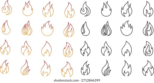 Iconos del fuego fijan la colección con los símbolos de la llama en gradiente, estilo negro de la línea, grupo ardiente de la ilustración de la energía del fuego para el diseño de la interfaz de usuario del peligro de la advertencia de la seguridad y los gráficos de la emergencia