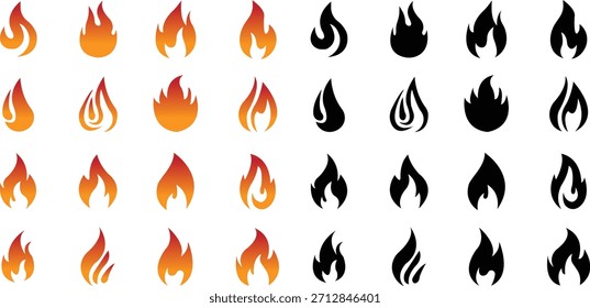 Los iconos del fuego fijan la colección con los símbolos de la llama en estilo del gradiente, del plano negro, y de la línea, quemando el grupo de la ilustración de la energía de la llamarada del calor para el diseño de la interfaz de usuario del peligro de la advertencia de la seguridad y los gráficos de la emergencia