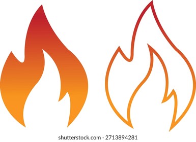 Coleção de conjuntos de ícones de fogo com símbolos de chama em gradiente, plano e estilo de linha, grupo de ilustração de energia de chamas de calor de queima para design de IU de risco de alerta de segurança e gráficos de emergência