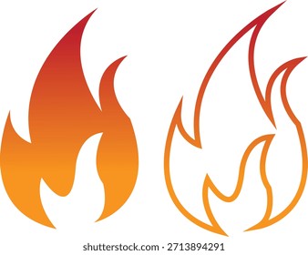 Los iconos del fuego fijan la colección con los símbolos de la llama en estilo del gradiente, plano, y de la línea, quemando el grupo de la ilustración de la energía del fuego para el diseño de la interfaz de usuario del peligro de la advertencia de la seguridad y los gráficos de la emergencia