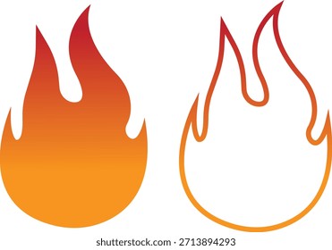 Los iconos del fuego fijan la colección con los símbolos de la llama en estilo del gradiente, plano, y de la línea, quemando el grupo de la ilustración de la energía del fuego para el diseño de la interfaz de usuario del peligro de la advertencia de la seguridad y los gráficos de la emergencia