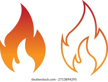 Fire icons set collection with flame symbols in gradient, flat, and line style, burning heat blaze energy illustration group for safety warning hazard UI design and emergency graphics