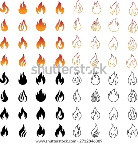 Fire icons set collection with flame symbols in gradient, black flat, and line style, burning heat blaze energy illustration group for safety warning hazard UI design and emergency graphics