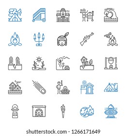 fire icons set. Collection of fire with hydrant, global warming, torch, chimney, lantern, tent, cabin, bbq, asteroid, flood, bonfire, landslide. Editable and scalable fire icons.