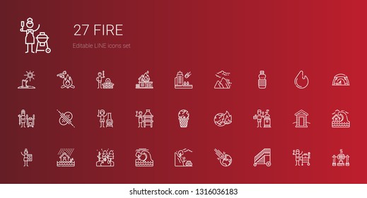 fire icons set. Collection of fire with ladder, asteroid, landslide, tsunami, flood, charcoal, stove, global warming, brick grill, chimney, collision. Editable and scalable fire icons.