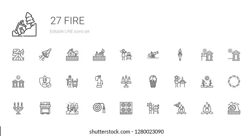 fire icons set. Collection of fire with marshmallow, grill, stove, hose, candelabra, burner, global warming, candle, fire extinguisher, tandoor. Editable and scalable fire icons.