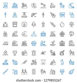 fire icons set. Collection of fire with meteorite, candelabra, cabin, burner, chimney, earthquake, rocket ship, tandoor, fire extinguisher, landslide. Editable and scalable fire icons.