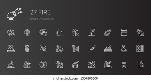 fire icons set. Collection of fire with meteorite, tent, native american, fire extinguisher, billiard, cabin, circus, fireworks, grill, collision. Editable and scalable icons.