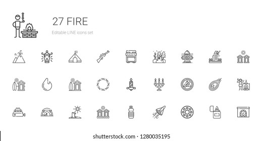 fire icons set. Collection of fire with rolling wheel, space shuttle, oils, cabins, drought, tent, stove, candelabra, candle, asteroid, cabin. Editable and scalable fire icons.
