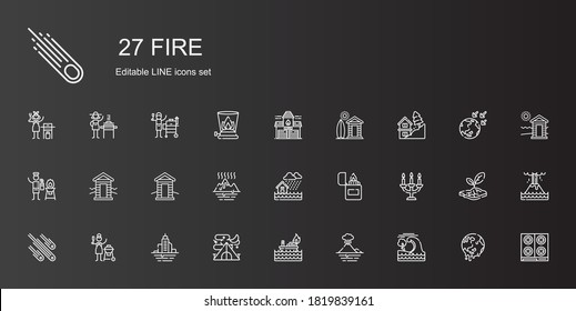 fire icons set. Collection of fire with tsunami, volcano, tent, flood, charcoal, meteorites, candelabra, lighter, global warming, cabin, fire extinguisher. Editable and scalable icons.