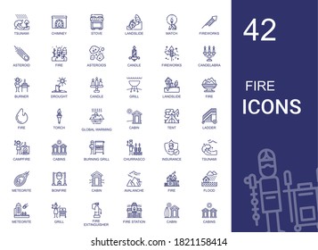 fire icons set. Collection of fire with tsunami, chimney, stove, landslide, match, fireworks, asteroid, asteroids, candle, candelabra, burner. Editable and scalable fire icons.