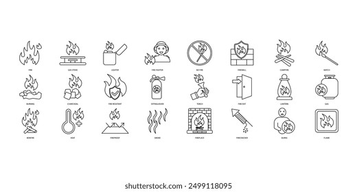 Conjunto de iconos de fuego. Conjunto de iconos de trazo editables. Conjunto de fuego