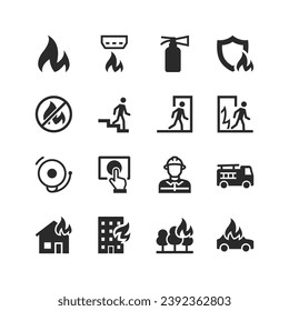 Fire icons set. Extinguishing a fire, safety. Burning. Danger to life, health and property. Fire prevention and suppression. Firefighter. Black and white style