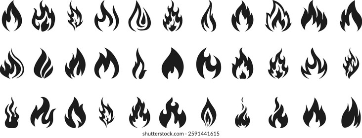 Fire icons set. Fire flame symbol set. Flame icon collection. fireball and flame vector illustration icon set. Fire flame icon. Burning symbol. Fireball sign. Contour bonfire Modern vector icon design