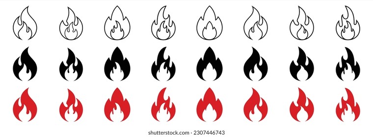 Fire icons set, flames, flame of various shapes, bonfire. Fire icon collection. Vector illustration.