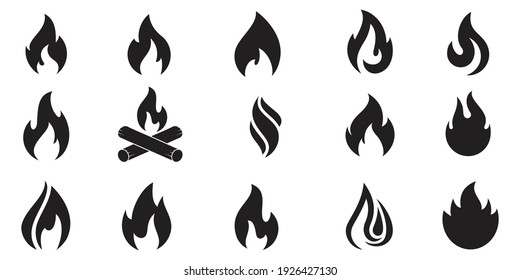 Fire icons set in flat style, flames, flame silhouette of various shapes, bonfire vector illustration,	