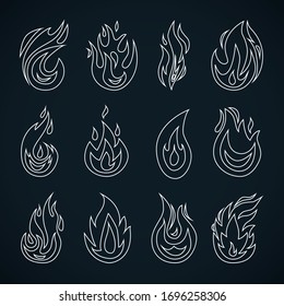 Fire icons set. Line style. Flat design. Isolated on dark blue background. Vector illustration