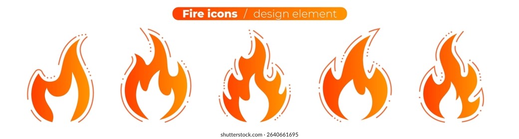 Fire icons set  in line style. Isolated on white background. Vector.