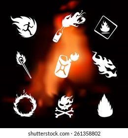 Fire icons set on flame fire blurred background 