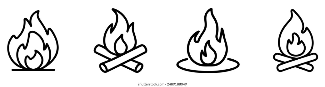 Fire icons set. Simple drawn line art illustrations of fire icons symbolizing warmth, danger, and energy. Vector illustration