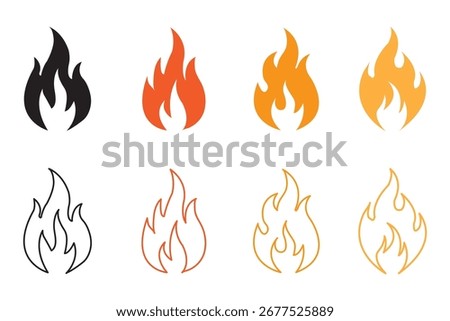 Fire icons set. Fire symbol set. Red, Black and Orange fire icons. Collection of hot flaming element. Idea of energy and power. Energy, danger, alert, warning, emergency Symbol and emergency Symbols.