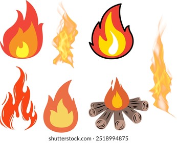 Conjunto de iconos de fuego. Conjunto de símbolos de fuego. Ilustración vectorial. Chimenea fogata de diferentes tipos. Colección de madera en llamas, símbolo de viaje y aventura. Hoguera de Vector o leña en conjunto de estilo plano de dibujos animados,