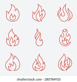 Fire icons set, thin line style, flat design