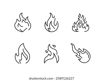 Fire icons. Set of fire trendy minimal icons. Example: Flame, Lighter, Burning House, Fire Skull, Burning Heart icons. Design signs for web page, mobile app, packaging design. Vector illustration.