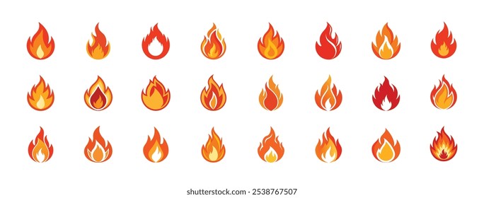 Fire icons set vector illustration. Fire flames symbol set. Collection of yellow and orange fire flame.