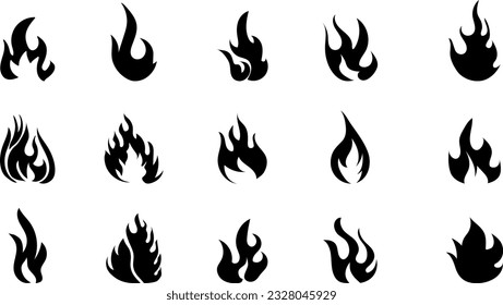Los iconos de fuego establecen el vector. Señal de llama de silueta. La fogata se quema en forma plana. Explosión, incendio, peligro, símbolos aislados para la web, aplicación.