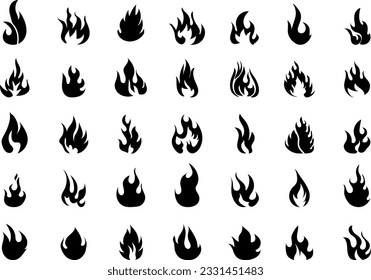Feuersymbole setzen Vektorgrafik. Silhouette Flammenzeichen. Das Feuer brennt im flachen Stil. Explosion, Feuer, Gefahrensymbole für Web, App.