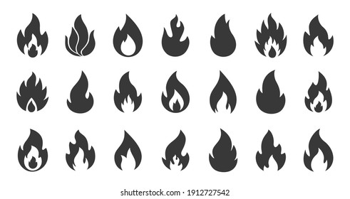 Fire icons. Simple flame silhouettes. Black contour warning minimal signs. Collection of isolated information symbols about fuel and hot products. Bonfire or flammable liquid. Vector fiery outline set