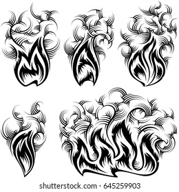 Fire icons with smoke and spurts of flame; Vector set of monochrome signs in ink hand drawing sketching style for tattoo or print design