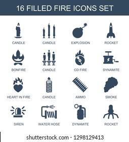 fire icons. Trendy 16 fire icons. Contain icons such as candle, explosion, rocket, bonfire, CD fire, dynamite, heart in ammo, smoke, siren. icon for web and mobile.